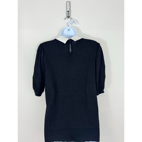 Cable & Gauge Black Knit Puff Sleeve Top with White Collar - Medium - Picture 4 of 7